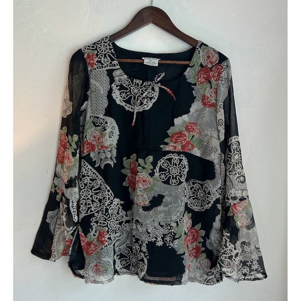 Vintage 90s Y2K Marisol Babydoll Top S Fairy Grunge Sheer Bell Whimsigoth Print